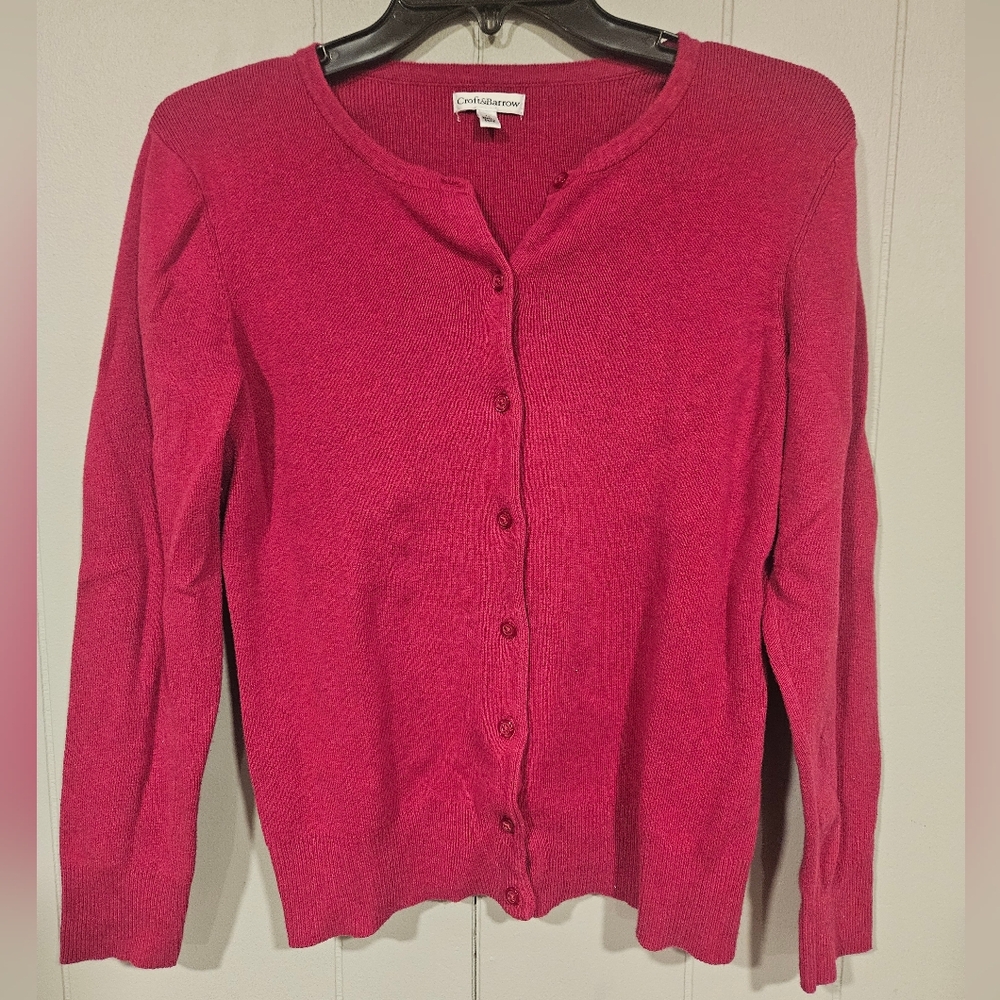 Croft And Barrow Red Cardigan Size Medium Faux Pearl Buttons Cotton Nylon Blend